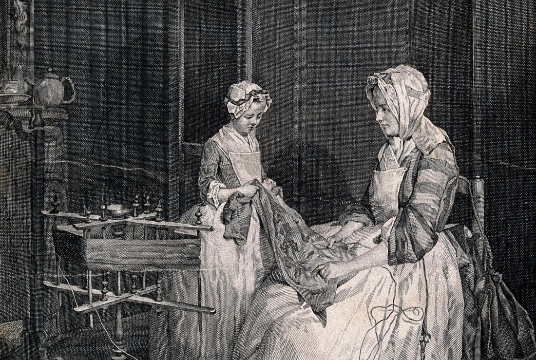 A mother and daughter are working together on a piece of cloth, a spinning wheel sits nearby. Engraving by Lépicié after J.B. Simeon Chardin. - Wellcome Collection, United Kingdom - CC BY.