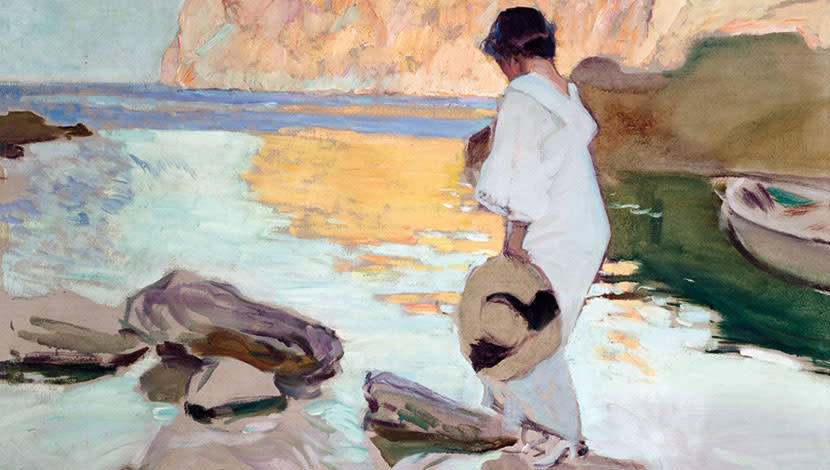A painting depicting a woman at the beach, walking on rocks