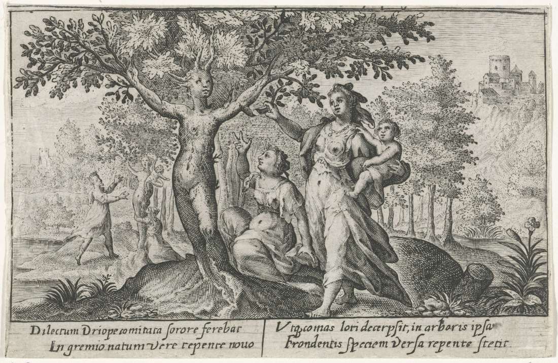 A scene from Ovid's Methamorphoses depicting Dryope picking a flower