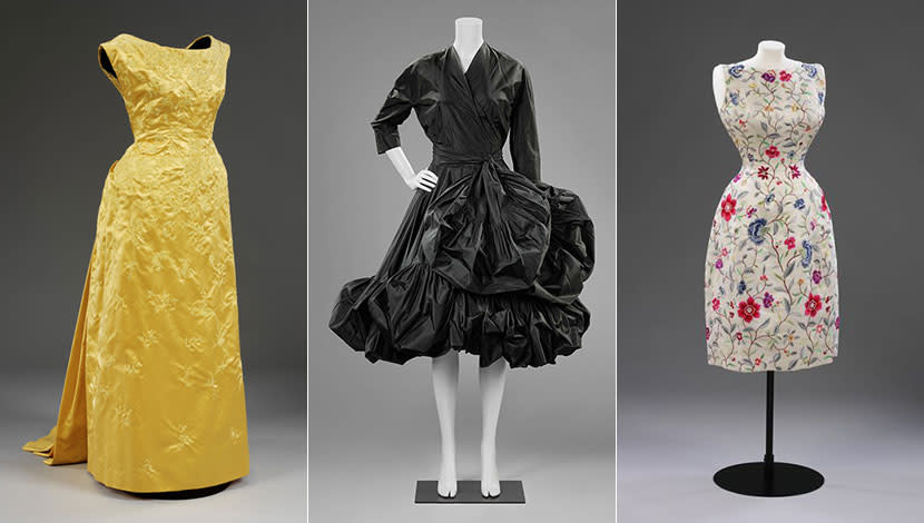 Three dresses by Cristobal Balenciaga - a yellow, a black and a patterned one.