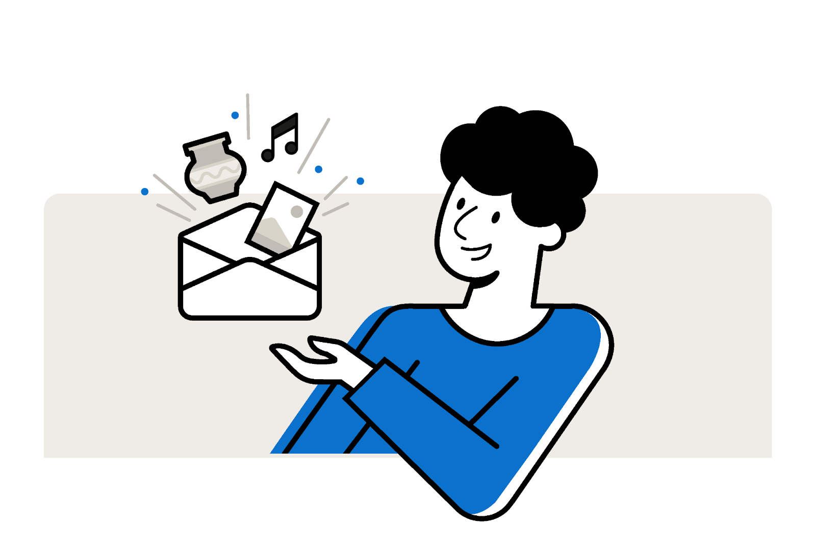 An illustration depicting a woman with a floating envelope and objects jumping ut of it