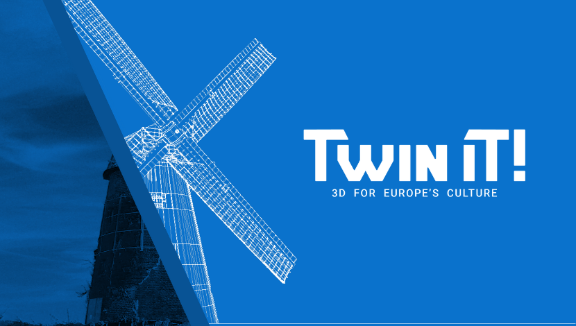 A blue banner with a windmill and the text