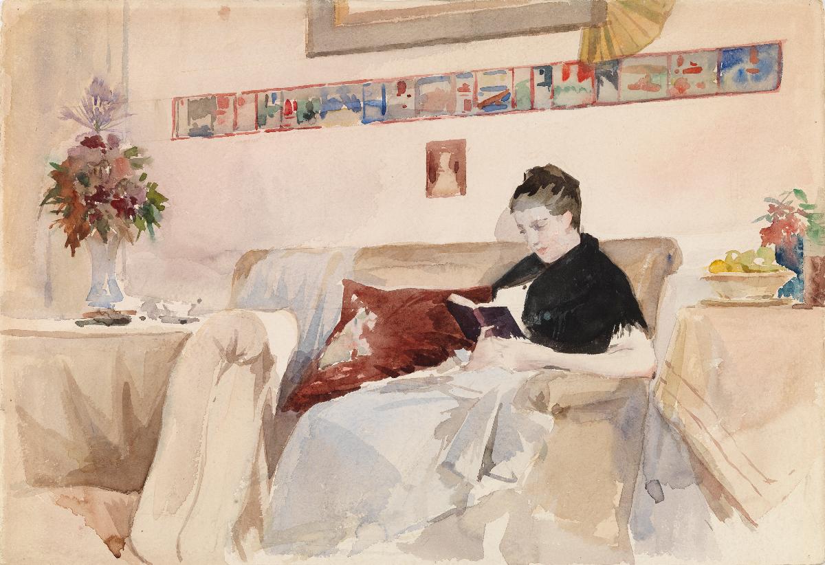 A painting depicting a woman reading on the sofa