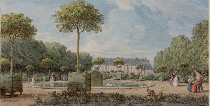 An artwok  depicting a couple and a city in the background