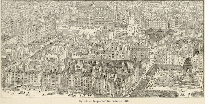 A detailed 19th-century black-and-white illustration of the Les Halles district in Paris, dated 1849, showing densely packed buildings, narrow streets, and a large market hall in the background.