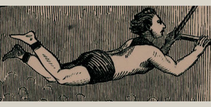 A vintage illustration of a person in a swimsuit swimming underwater, holding a spear or pole, with legs bent and hair flowing back.