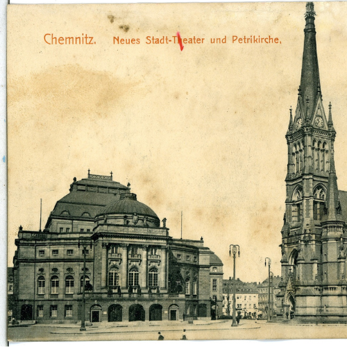 Detail of a vintage postcard showing Chemnitz, Germany with the Neues Stadt-Theater on the left and Petrikirche, a tall, ornate church with a spire, on the right. Sepia tone with German text at the top.