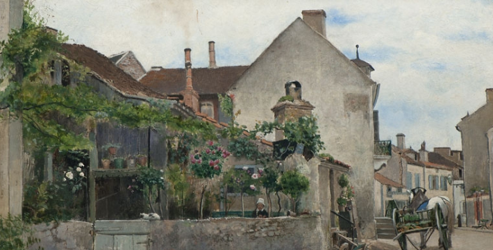 Detail from a painting: A quaint village street scene with ivy-clad houses and blooming flowers. A person stands near a well, and a horse-drawn carriage is visible on the right. The mood is serene.