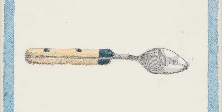 A hand-drawn spoon with a beige handle and metal bowl, bordered by a blue frame.