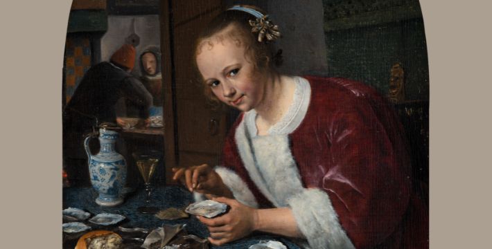 Detail from a painting: A woman in a red dress opens oysters at a table, looking at the viewer; people are in the background.