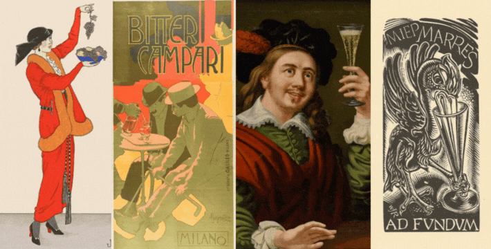 GIF: Four vintage-style artworks of people and creatures celebrating or holding glasses of alcohol, side by side.