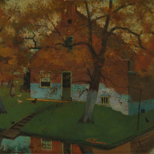 Detail from a painting: A rustic house with autumn trees, green grass, and a dark pathway in front, painted in warm tones.