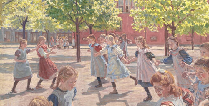A painting of a group of young girls wearing dresses and aprons play and hold hands in a sunlit, tree-lined schoolyard with a red brick building in the background.