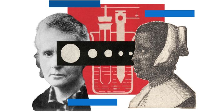 A collage featuring a photo and a painting of two women, with shapes and a chemistry diagram