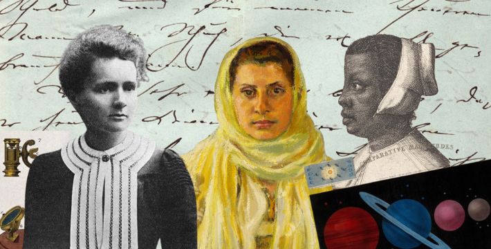 A collage of three female figures transposed over handwriting