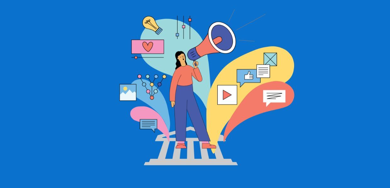 A graphic image of a person with a loudspeaker with emoji icons