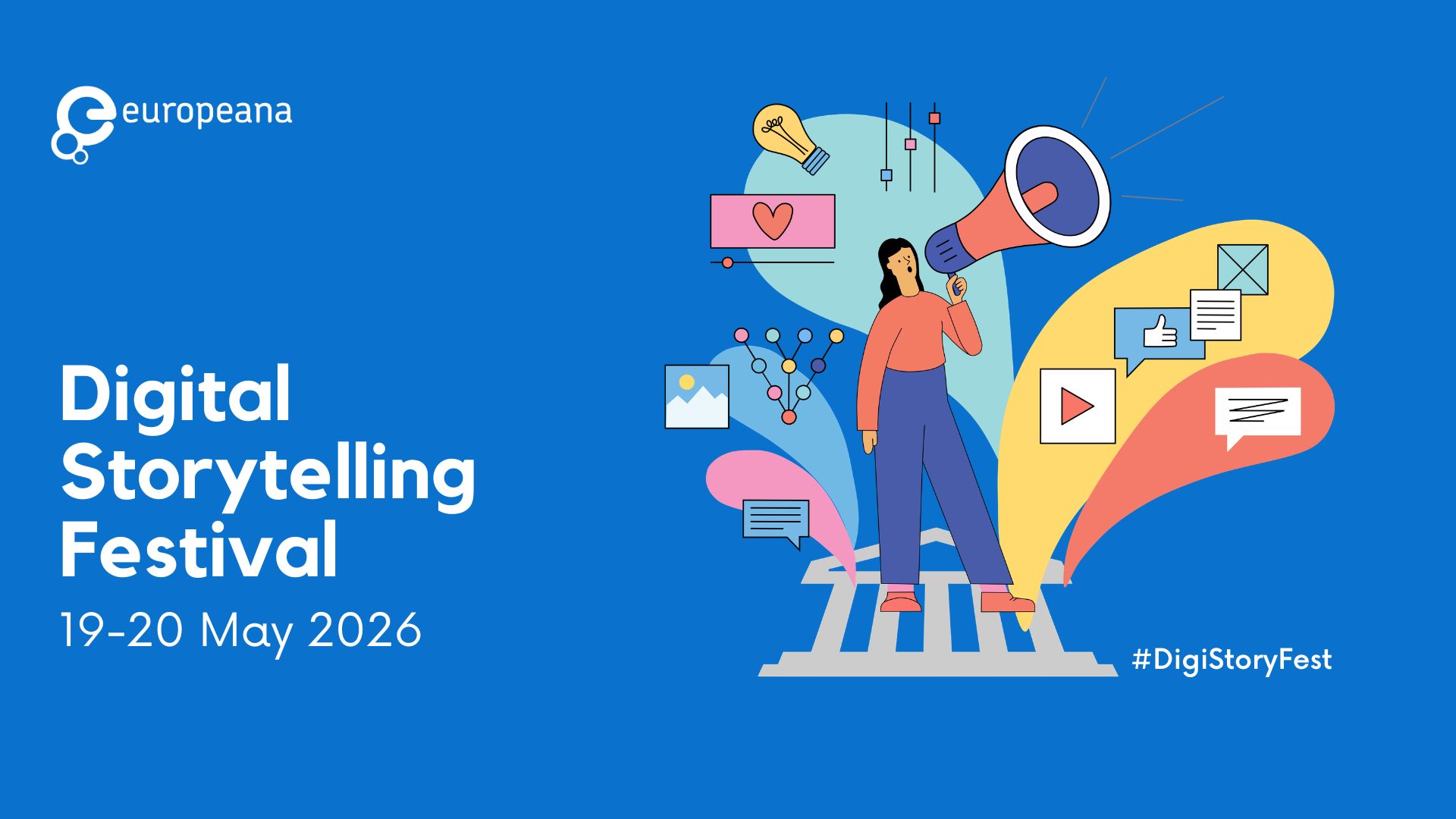 Banner for the digital storytelling festival with the dates 19-20 May 2026 and a graphic of person with a loudspeaker surrounded by emojis