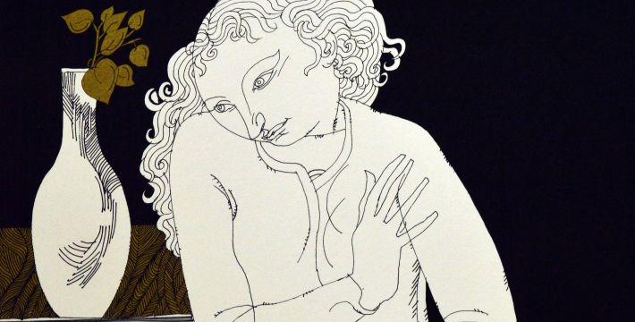 Line drawing of a person with wavy hair beside a vase with leaves, set against a dark background.