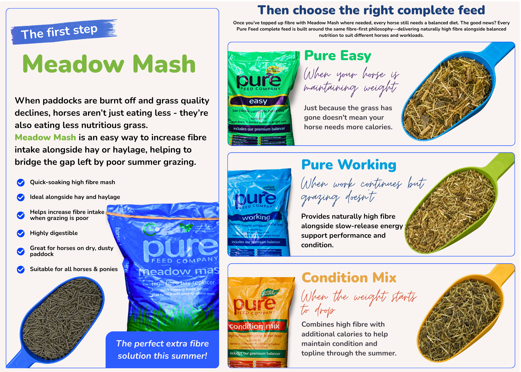 Pure Feed guide to choosing Meadow Mash, Pure Easy, Pure Working or Condition Mix when grazing is poor