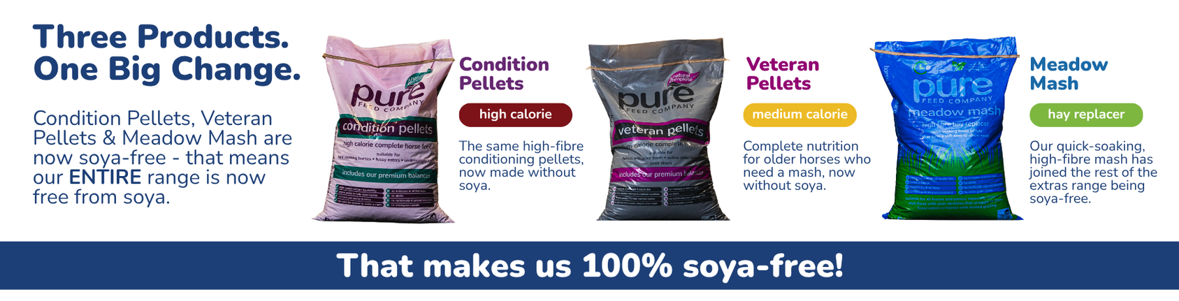 Pure Feed Condition Pellets, Veteran Pellets and Meadow Mash shown as newly soya-free formulations