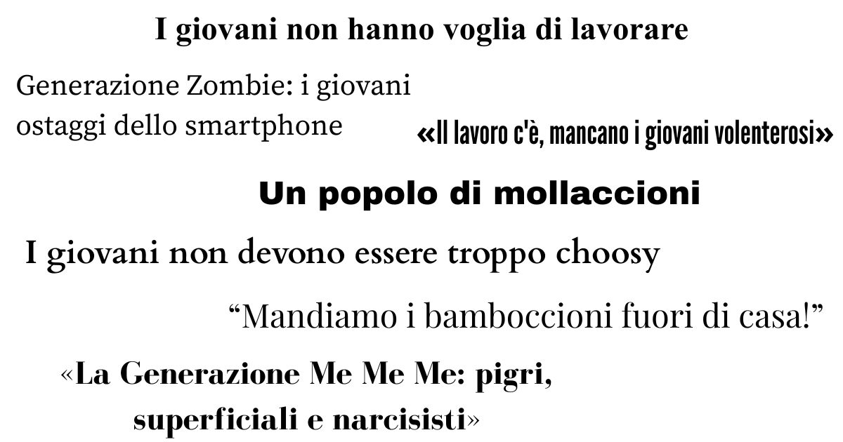 Immagine con esempi di titoli di giornale che veicolano stereotipi sulle nuove generazioni