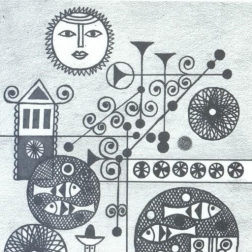 The figure of a man in a hat, with pipe-like shapes in place of his hands. In circles around him are fish and flower-like shapes, bagpipes, trumpet shapes, above is the sun and his face.