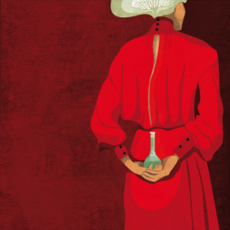 An artwork in shades of red depicting a woman scientist