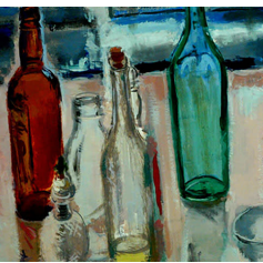 A painting depicting various colorful bottles