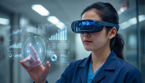 Woman wearing a VR headset and touching a screen.
