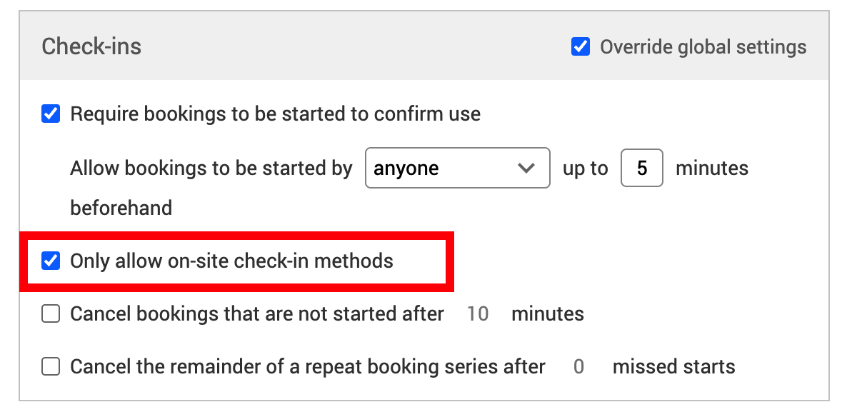 Image showing resource settings tab with Check-in's select for only on site enabled.