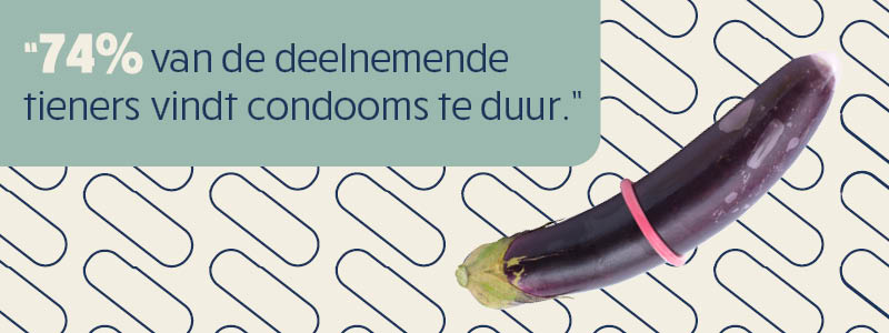 foto van een aubergine met een condoom rond, tekst: 74 procent van de deelnemende tieners vindt condooms te duur